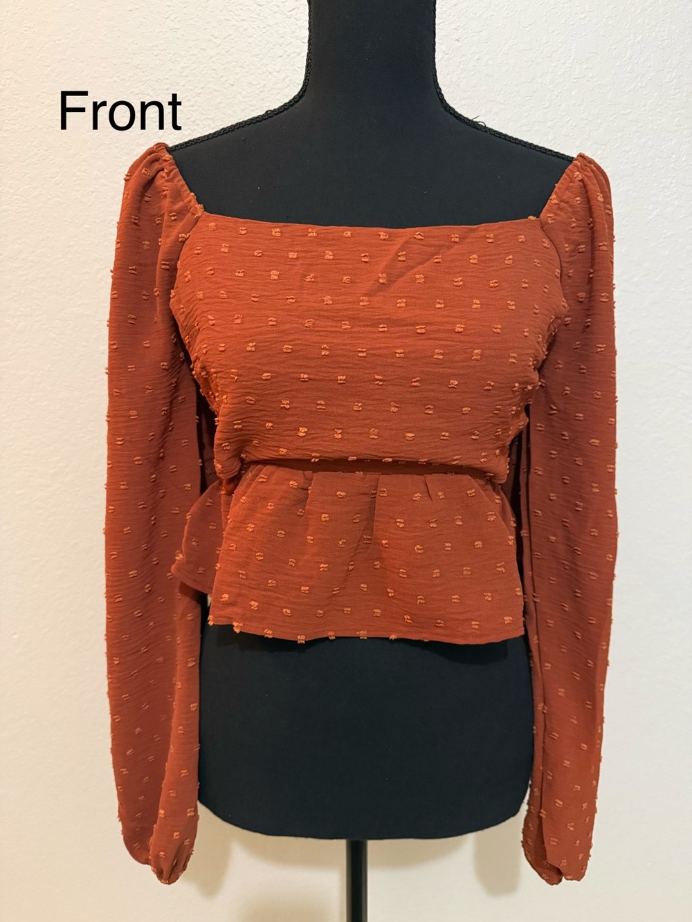 Textured Rust Long-Sleeve Peplum Top